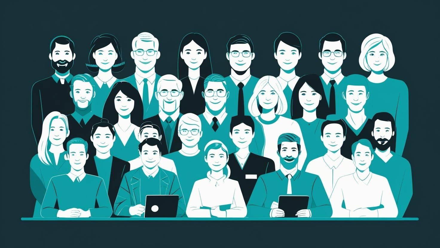 Illustration of a diverse group of people in business attire, standing together.