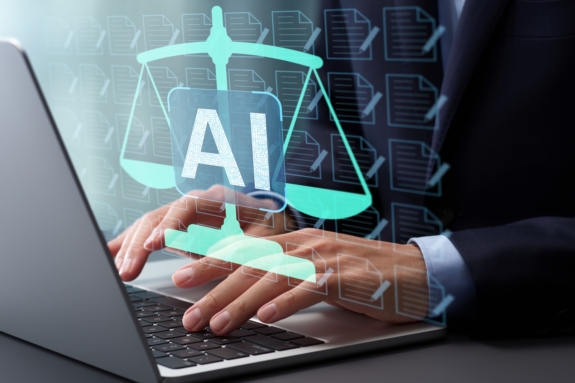 KI-Governance und Compliance von generativer künstlicher Intelligenz. Symbol für die Waage und viele Dokumentsymbole.